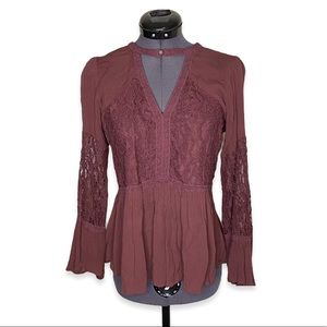 AEO Burgundy Lace Mesh Pleasant Flowy Blouse Top